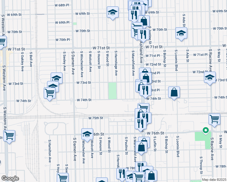 map of restaurants, bars, coffee shops, grocery stores, and more near 7398 South Hermitage Avenue in Chicago