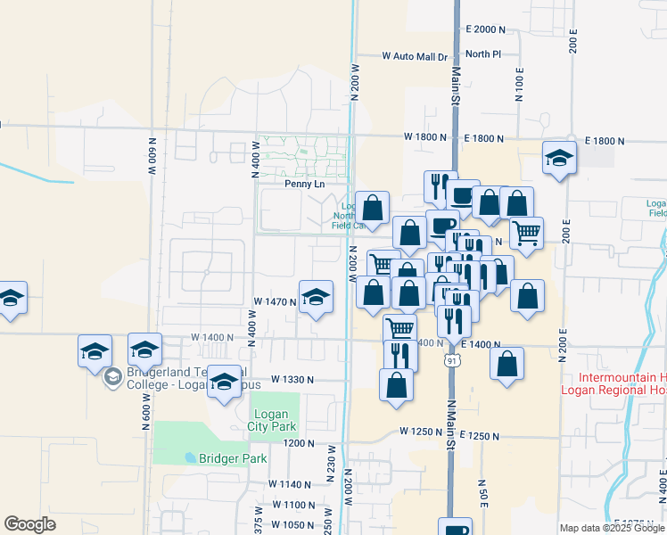 map of restaurants, bars, coffee shops, grocery stores, and more near 1525 North 200 West in Logan