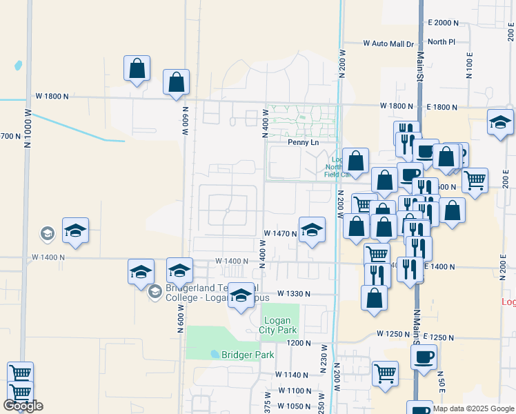 map of restaurants, bars, coffee shops, grocery stores, and more near 1520 North 450 West in Logan