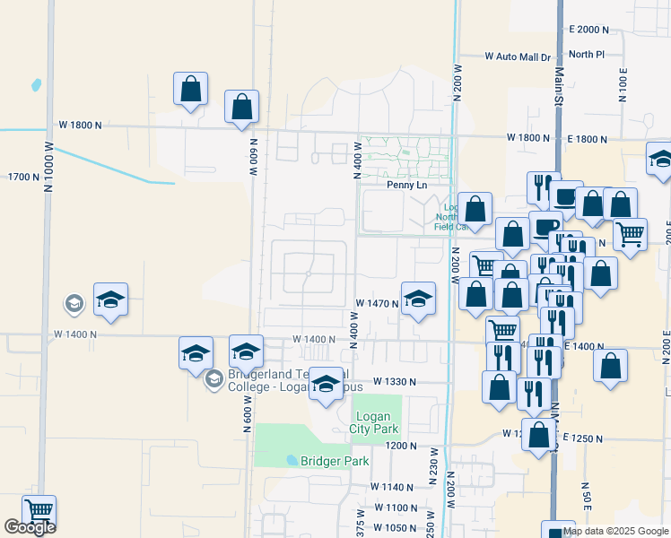 map of restaurants, bars, coffee shops, grocery stores, and more near 1520 North 450 West in Logan