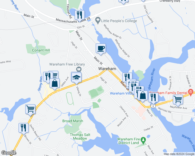 map of restaurants, bars, coffee shops, grocery stores, and more near 34 Marion Road in Wareham