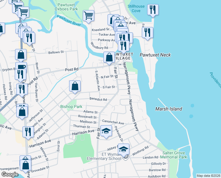 map of restaurants, bars, coffee shops, grocery stores, and more near 33 Peace Street in Warwick