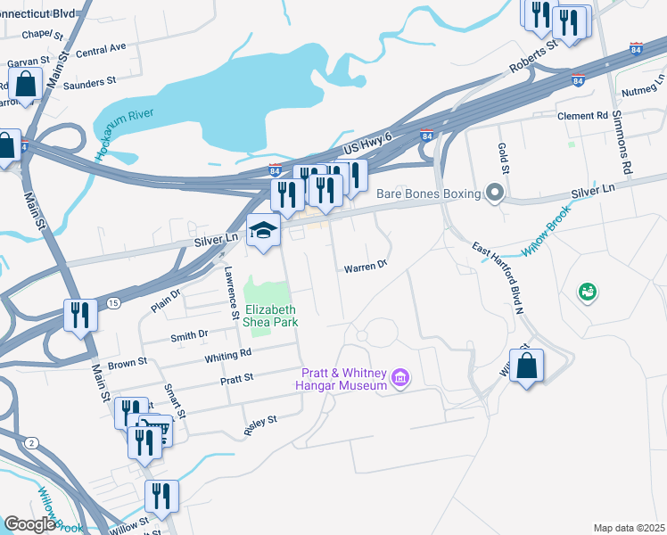 map of restaurants, bars, coffee shops, grocery stores, and more near 57 Whitney Street in East Hartford