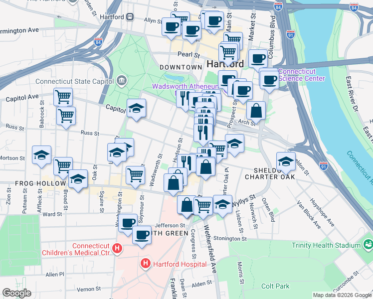 map of restaurants, bars, coffee shops, grocery stores, and more near 83 Buckingham Street in Hartford