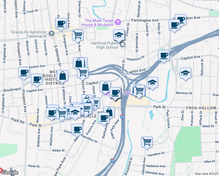 map of restaurants, bars, coffee shops, grocery stores, and more near 30 Arbor Street in Hartford