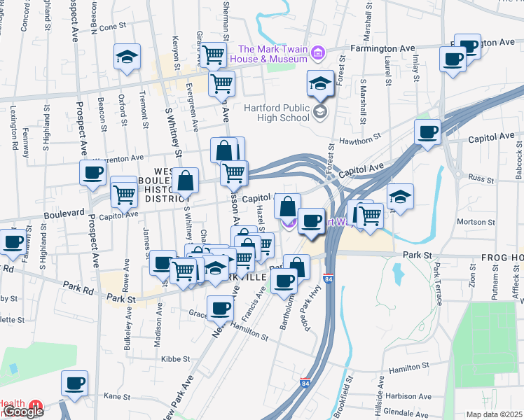map of restaurants, bars, coffee shops, grocery stores, and more near 73 Hazel Street in Hartford