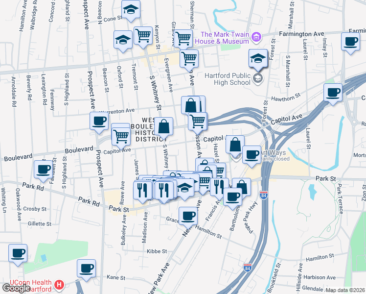 map of restaurants, bars, coffee shops, grocery stores, and more near 81 Newton Street in Hartford