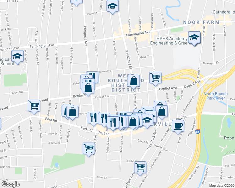 map of restaurants, bars, coffee shops, grocery stores, and more near 1065 Capitol Avenue in Hartford