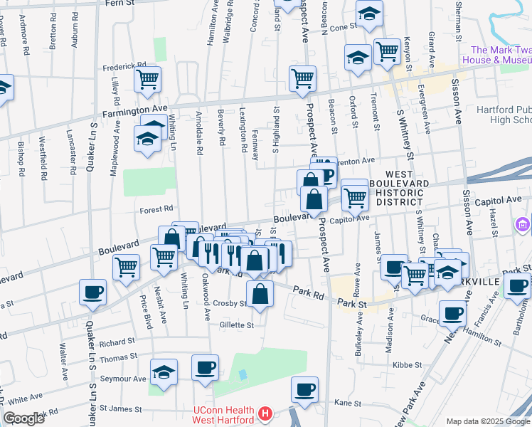 map of restaurants, bars, coffee shops, grocery stores, and more near in West Hartford