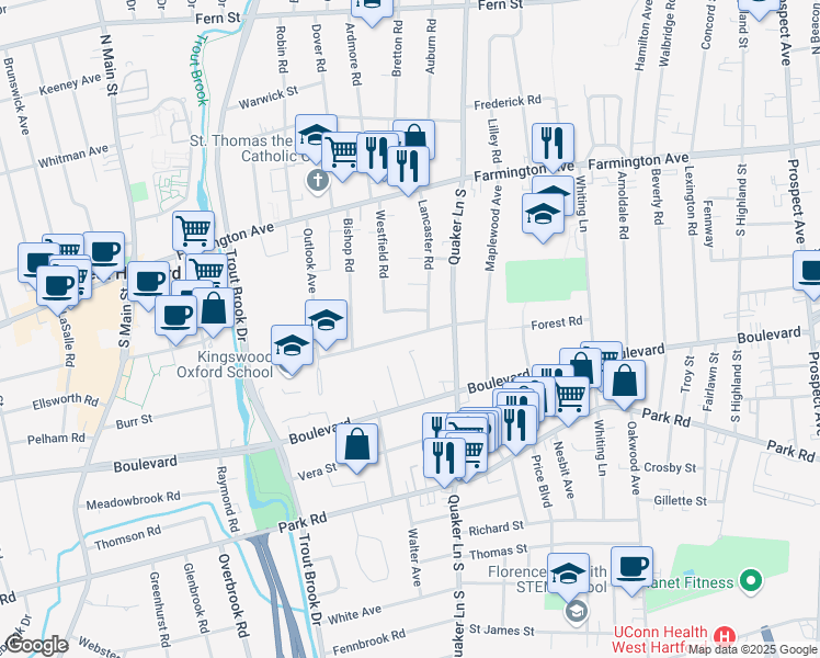 map of restaurants, bars, coffee shops, grocery stores, and more near 29 Kingswood Road in West Hartford