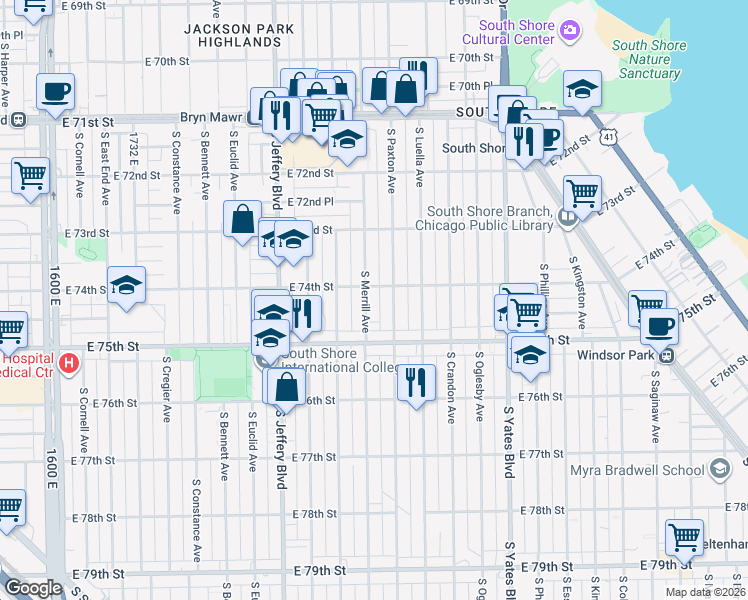 map of restaurants, bars, coffee shops, grocery stores, and more near 7420 South Paxton Avenue in Chicago