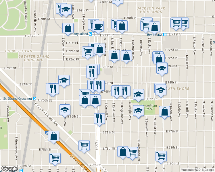 map of restaurants, bars, coffee shops, grocery stores, and more near 1616 East 74th Place in Chicago