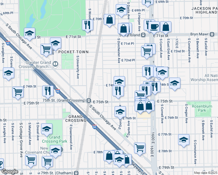 map of restaurants, bars, coffee shops, grocery stores, and more near 7418 South Kenwood Avenue in Chicago