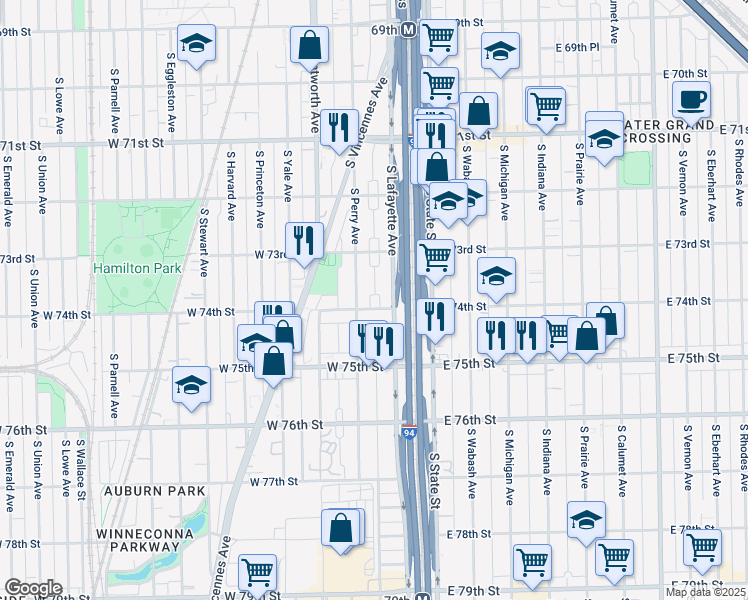 map of restaurants, bars, coffee shops, grocery stores, and more near 55 West 74th Street in Chicago
