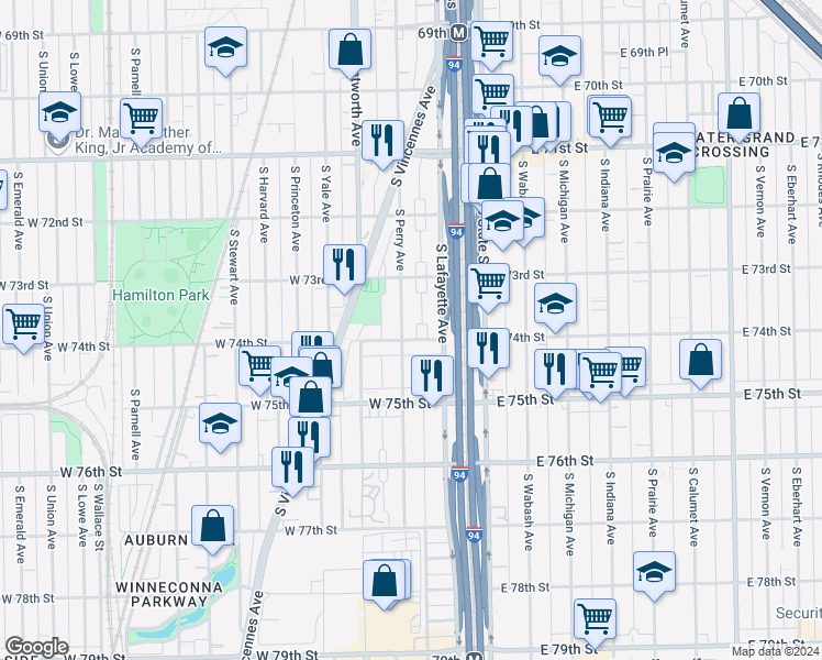 map of restaurants, bars, coffee shops, grocery stores, and more near 55 West 74th Street in Chicago