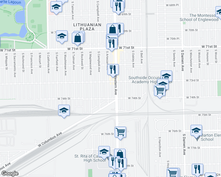 map of restaurants, bars, coffee shops, grocery stores, and more near 7333 South Artesian Avenue in Chicago