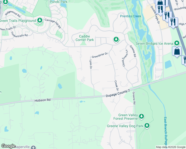map of restaurants, bars, coffee shops, grocery stores, and more near 7S631 Lynn Drive in Naperville