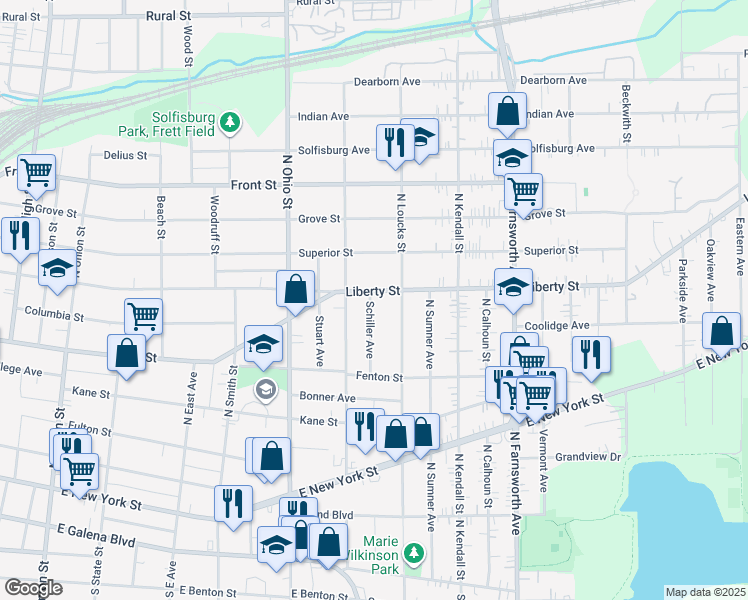 map of restaurants, bars, coffee shops, grocery stores, and more near 262 North Loucks Street in Aurora