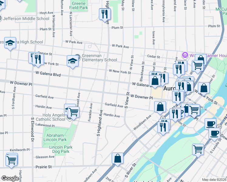 map of restaurants, bars, coffee shops, grocery stores, and more near 554 West Downer Place in Aurora