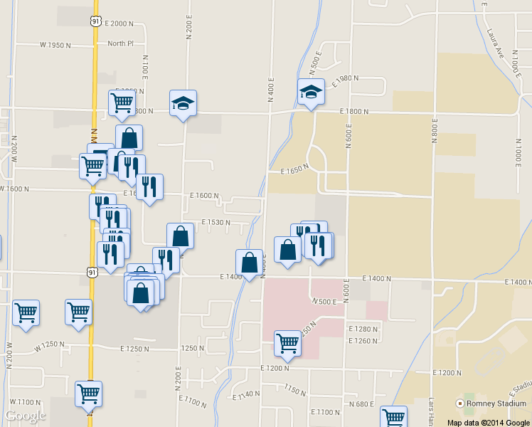 map of restaurants, bars, coffee shops, grocery stores, and more near 1550 North 400 East in Logan