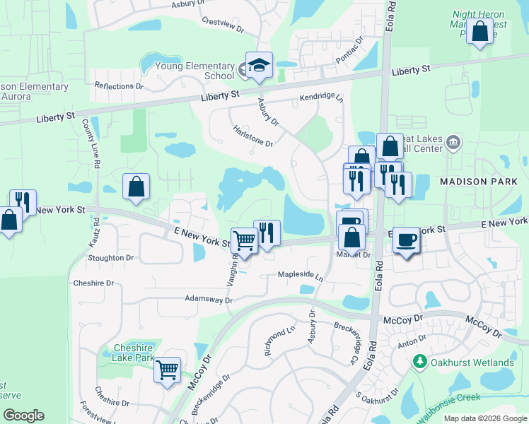 map of restaurants, bars, coffee shops, grocery stores, and more near 446 Vaughn Circle in Aurora