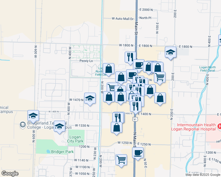 map of restaurants, bars, coffee shops, grocery stores, and more near 1510 North 200 West in Logan