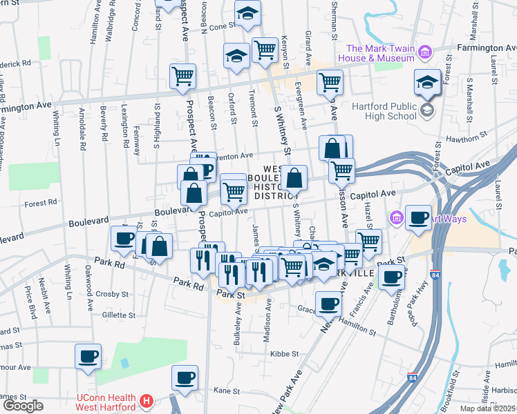 map of restaurants, bars, coffee shops, grocery stores, and more near 1042 Capitol Avenue in Hartford