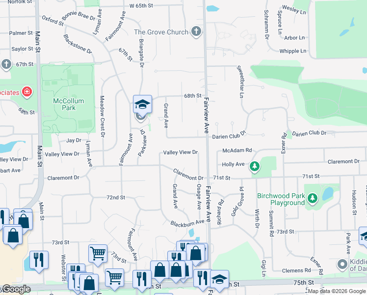 map of restaurants, bars, coffee shops, grocery stores, and more near 430 Valley View Drive in Downers Grove