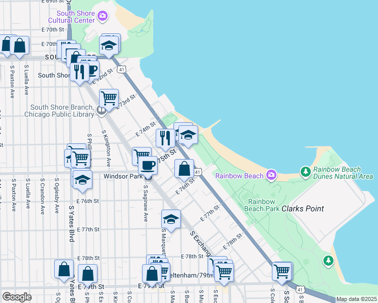 map of restaurants, bars, coffee shops, grocery stores, and more near 7511 South South Shore Drive in Chicago