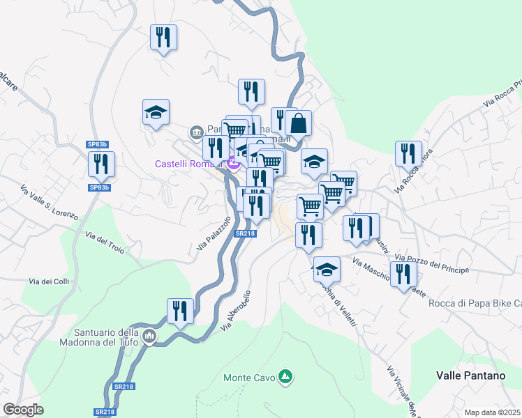 map of restaurants, bars, coffee shops, grocery stores, and more near 40 Via dell'Osservatorio in Rocca di Papa