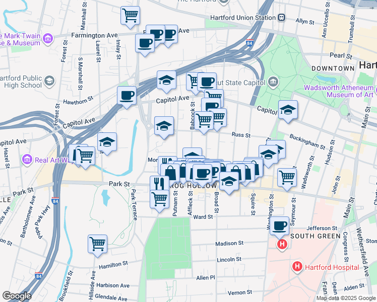 map of restaurants, bars, coffee shops, grocery stores, and more near 119 Babcock Street in Hartford