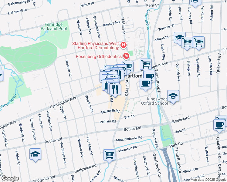 map of restaurants, bars, coffee shops, grocery stores, and more near 62 LaSalle Road in West Hartford