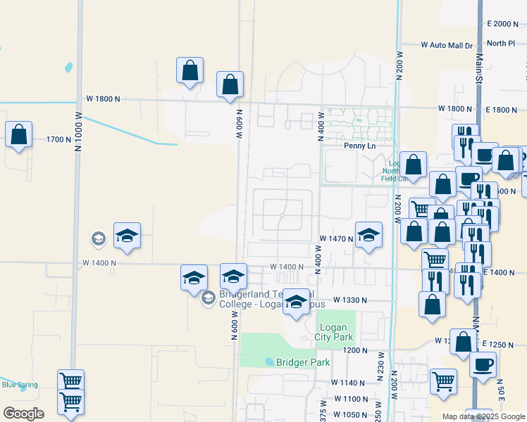 map of restaurants, bars, coffee shops, grocery stores, and more near 1549 North 540 West in Logan