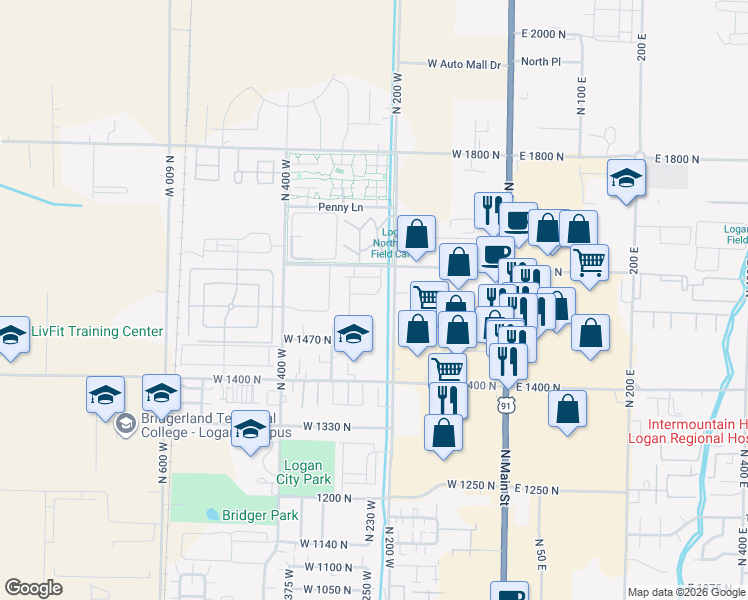 map of restaurants, bars, coffee shops, grocery stores, and more near 230 West 1550 North in Logan