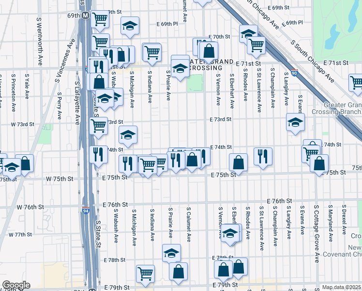 map of restaurants, bars, coffee shops, grocery stores, and more near 7401 South Prairie Avenue in Chicago