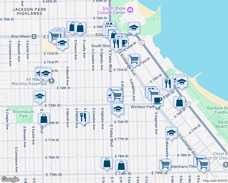 map of restaurants, bars, coffee shops, grocery stores, and more near 7432 South Phillips Avenue in Chicago