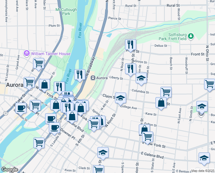 map of restaurants, bars, coffee shops, grocery stores, and more near 231 North Lincoln Avenue in Aurora