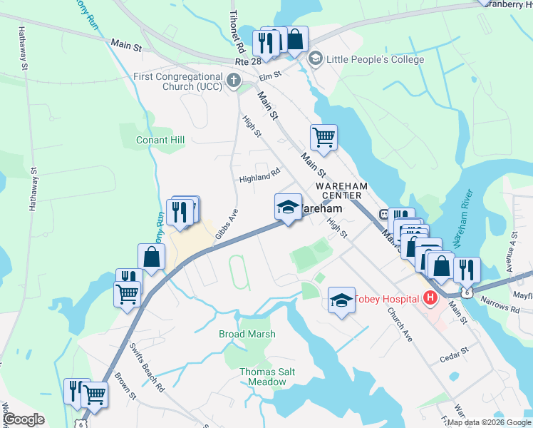 map of restaurants, bars, coffee shops, grocery stores, and more near 55 U.S. 6 in Wareham