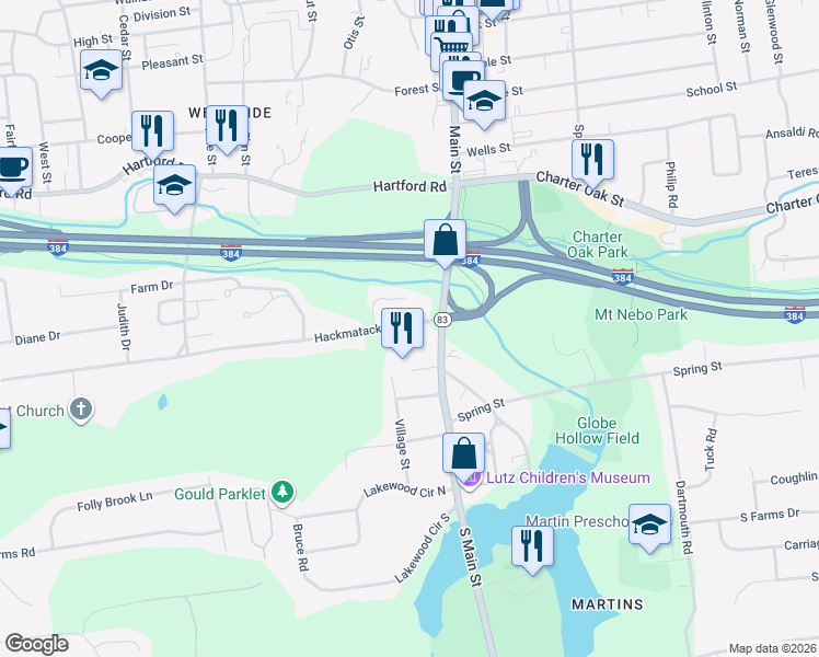 map of restaurants, bars, coffee shops, grocery stores, and more near 14 1/2 Hackmatack Street in Manchester
