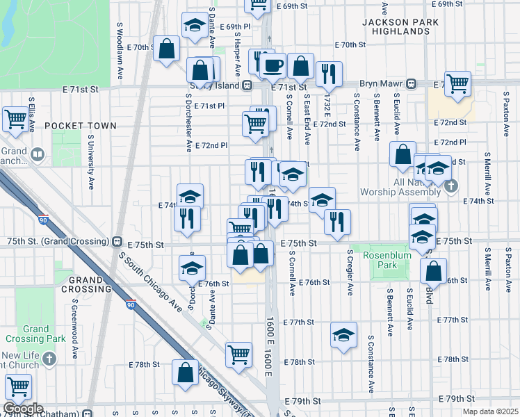 map of restaurants, bars, coffee shops, grocery stores, and more near 7418 South Stony Island Avenue in Chicago