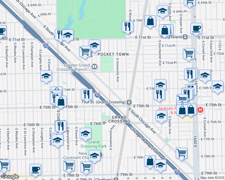 map of restaurants, bars, coffee shops, grocery stores, and more near 7427 S South Chicago Avenue in Chicago
