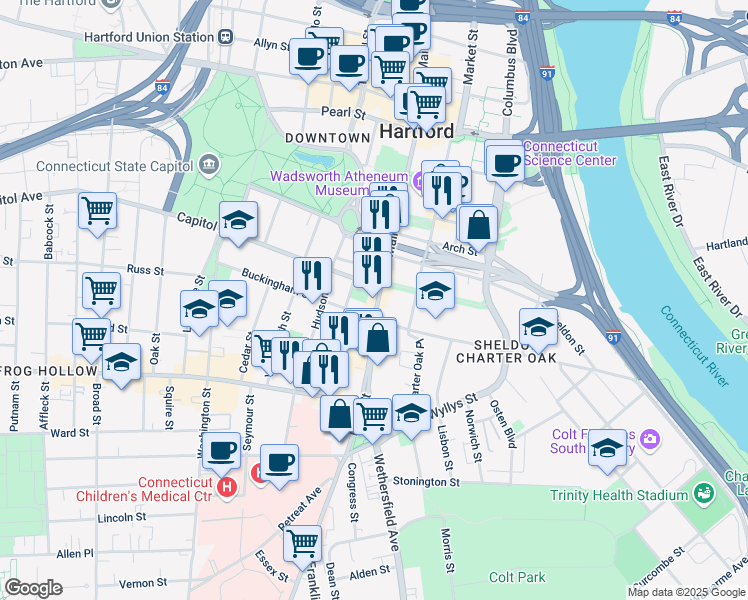 map of restaurants, bars, coffee shops, grocery stores, and more near 326 Main Street in East Hartford
