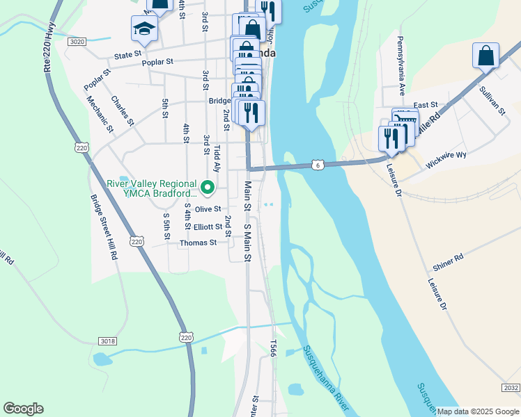 map of restaurants, bars, coffee shops, grocery stores, and more near 11 River Street in Towanda