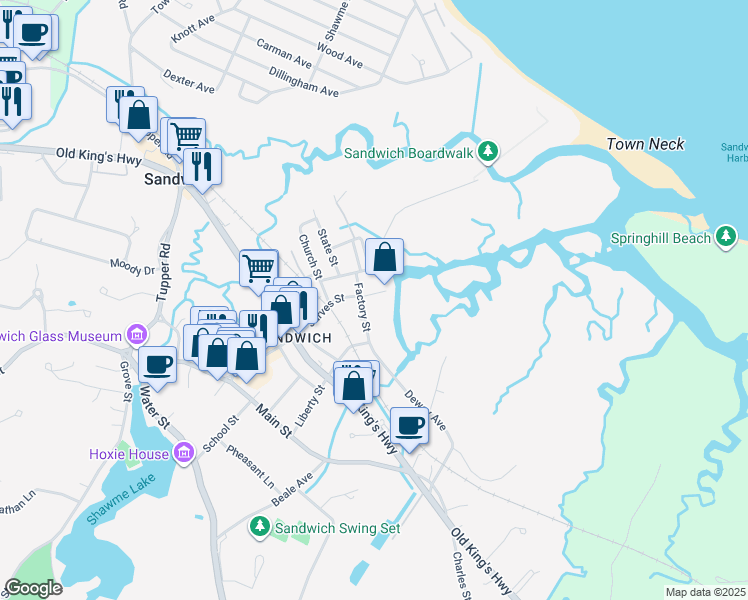 map of restaurants, bars, coffee shops, grocery stores, and more near 8 Factory Street in Sandwich