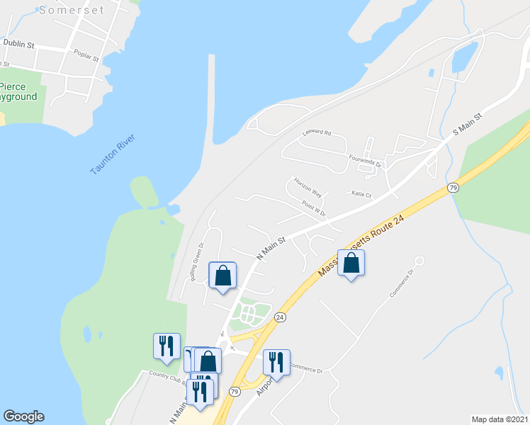 map of restaurants, bars, coffee shops, grocery stores, and more near 4980 North Main Street in Fall River