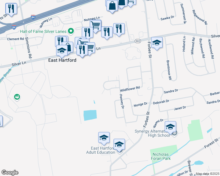 map of restaurants, bars, coffee shops, grocery stores, and more near 162 Wakefield Circle in East Hartford