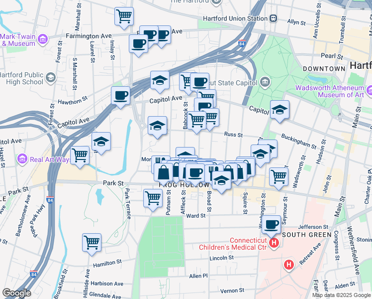 map of restaurants, bars, coffee shops, grocery stores, and more near 137 Lawrence Street in Hartford