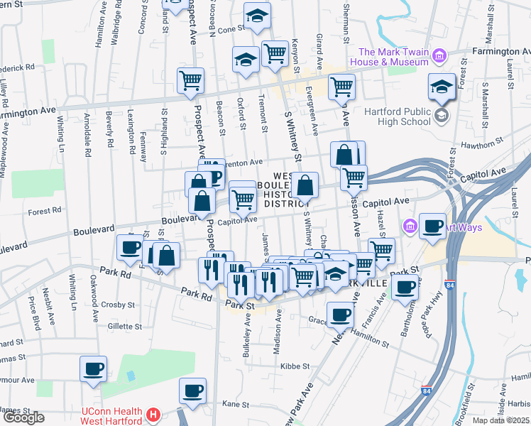 map of restaurants, bars, coffee shops, grocery stores, and more near 1065 Capitol Avenue in Hartford