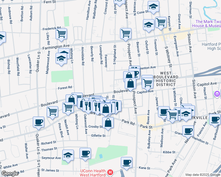 map of restaurants, bars, coffee shops, grocery stores, and more near in West Hartford