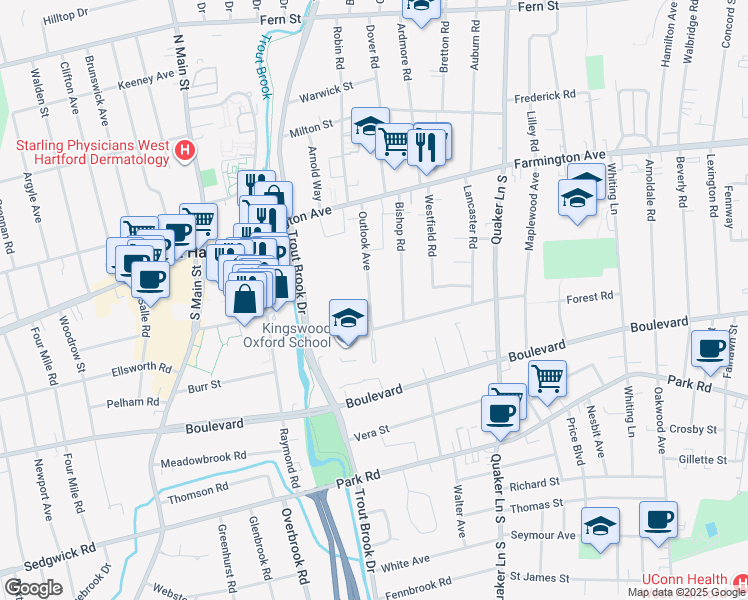 map of restaurants, bars, coffee shops, grocery stores, and more near 99 Outlook Avenue in West Hartford